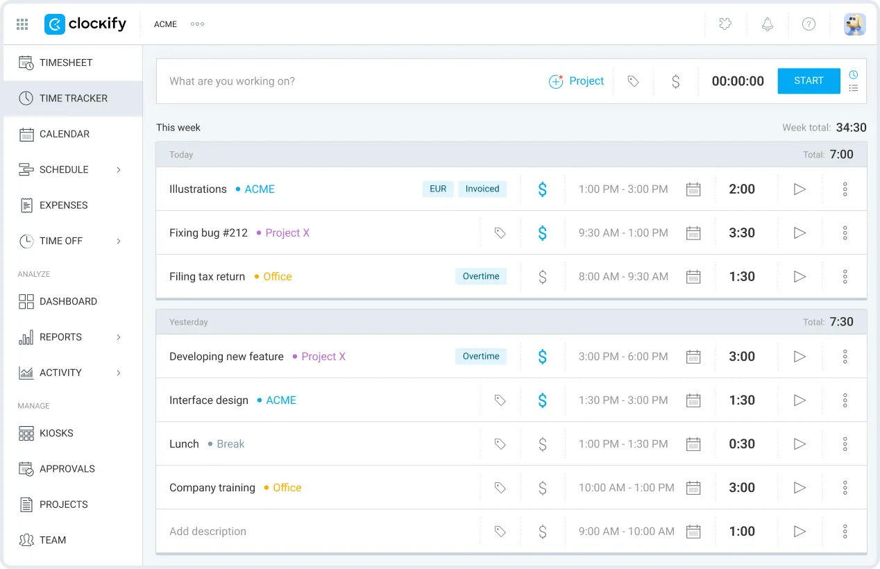 Clockify time tracker interface