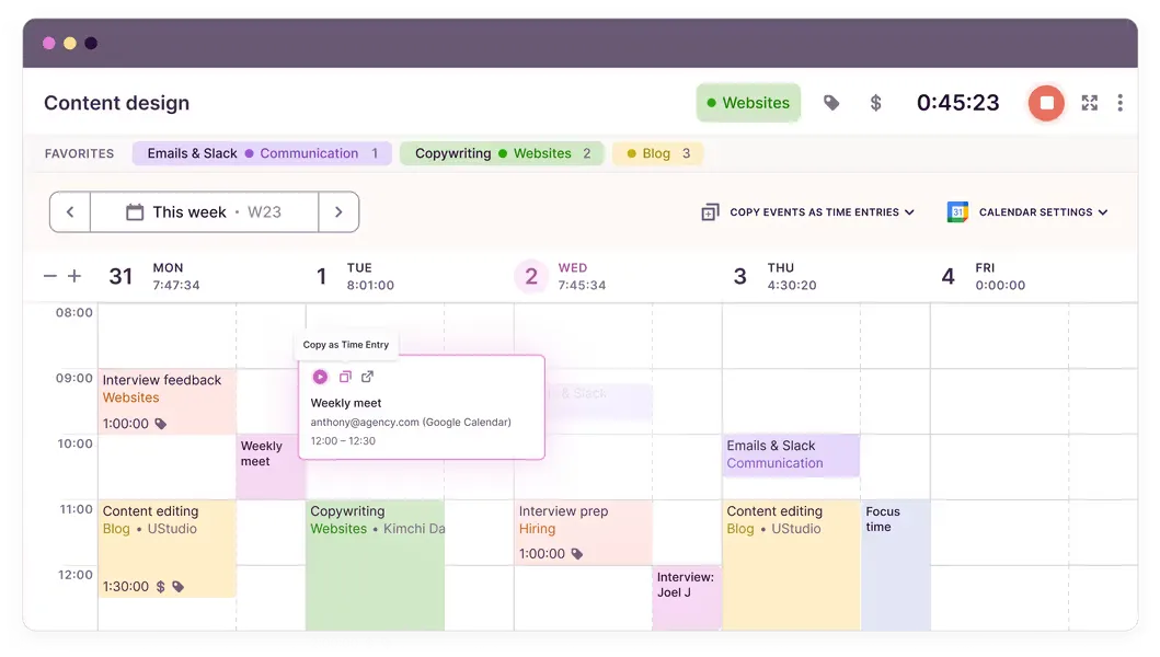 Toggl Track calendar view