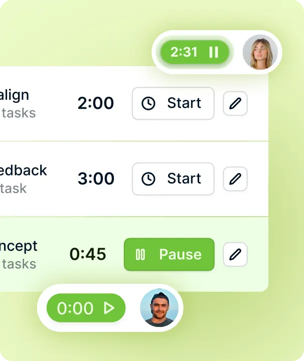 Start-stop timer with pause and edit controls