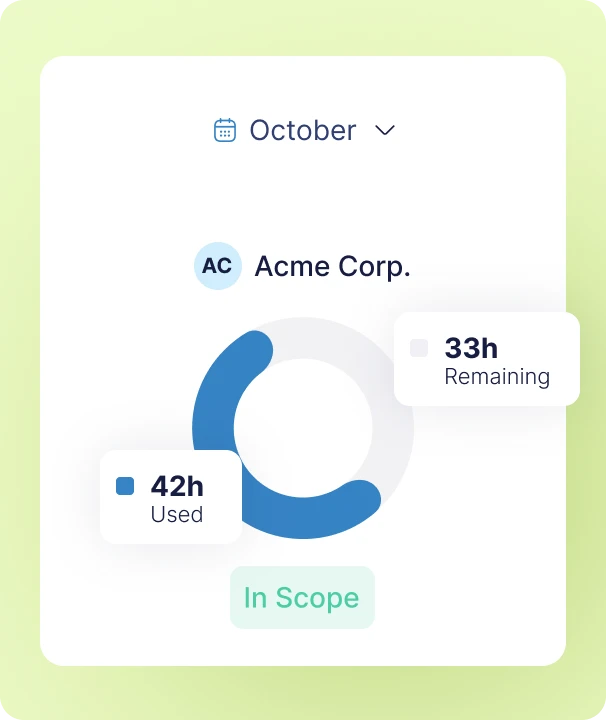Monthly retainer usage tracking with hours used and remaining
